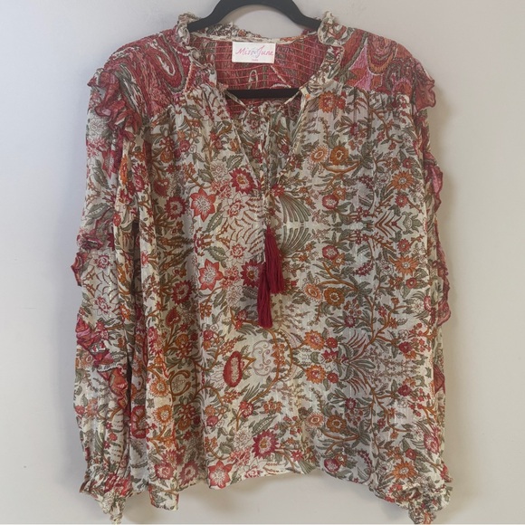 Miss June PARIS Helena boho peasant sheer floral tassel tie blouse OSFM - Picture 9 of 15